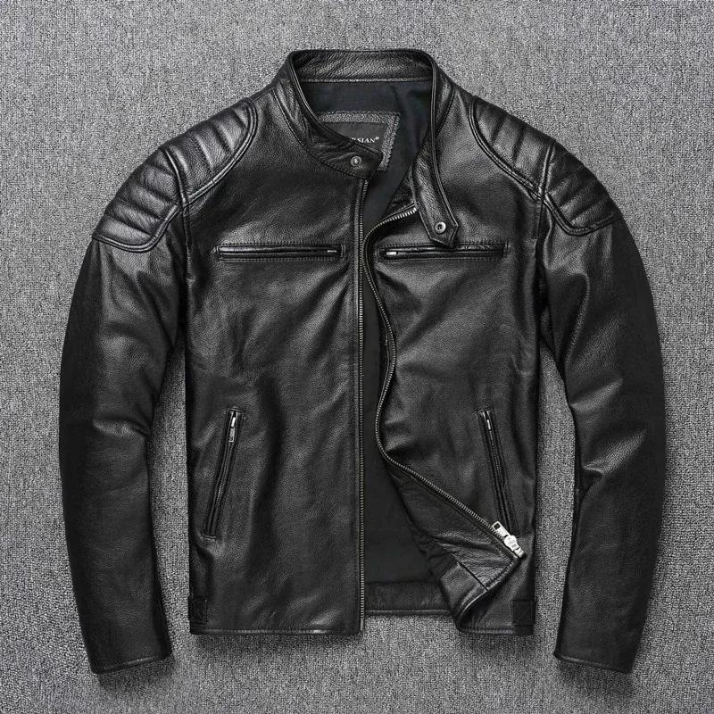 Nouveau 100% veste en cuir de vachette hommes couche supérieure vêtements hommes col montant moto vê