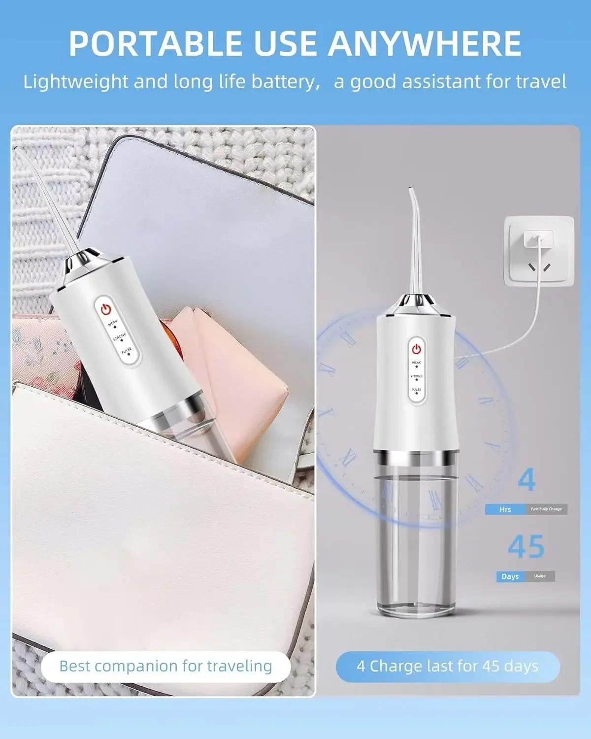 Irrigateur buccal, hydropulseur Portable, cure-dents à Jet d'eau Rechargeable par USB + 4 pointes de