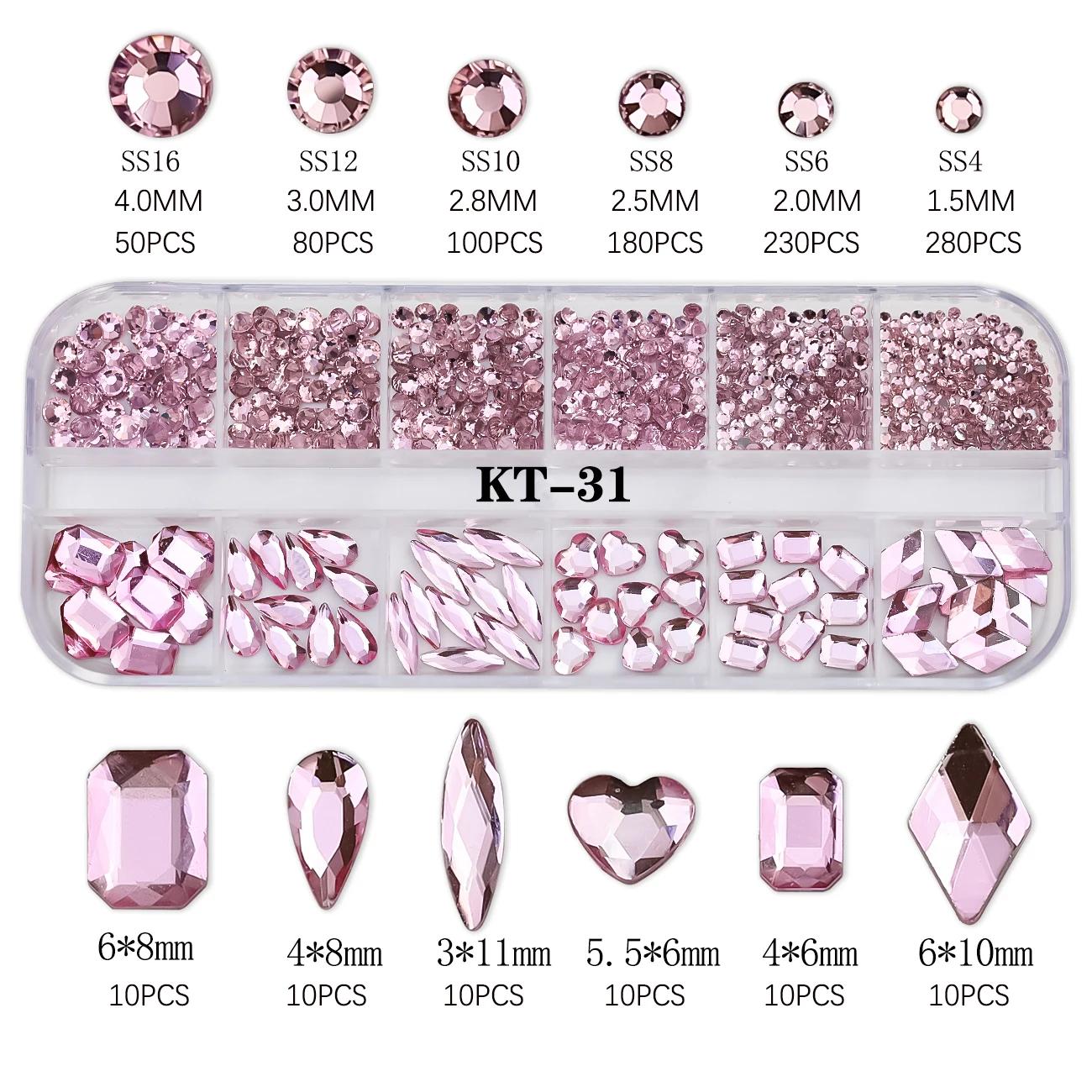 Strass 3D rose pour Nail Art, 12 grilles, pierres précieuses en verre à dos plat, décorations pour N