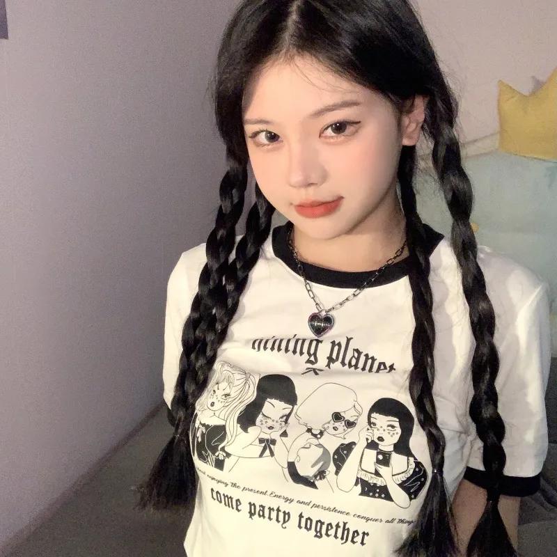 Haut court vintage à col rond pour femme, t-shirt à manches courtes, lettre imprimée, mode coréenne,