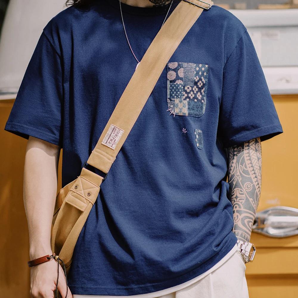 T-shirt à manches courtes en coton bleu teinté rétro Maden, tissu ancien, poche, col rond, haut pour