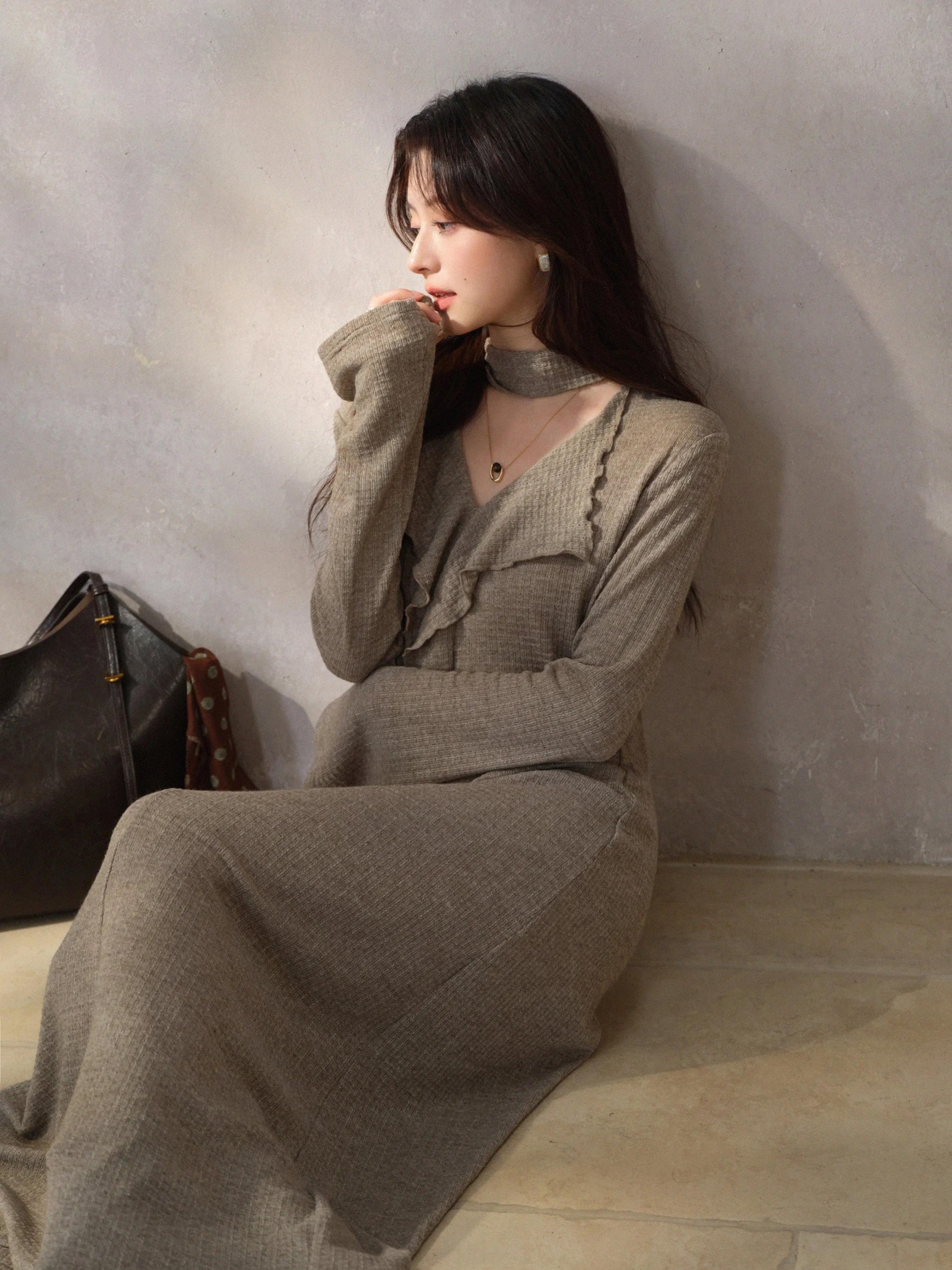 Robe française élégante en tricot, col en v, manches longues, élastique, Maxi, Design asymétrique, r