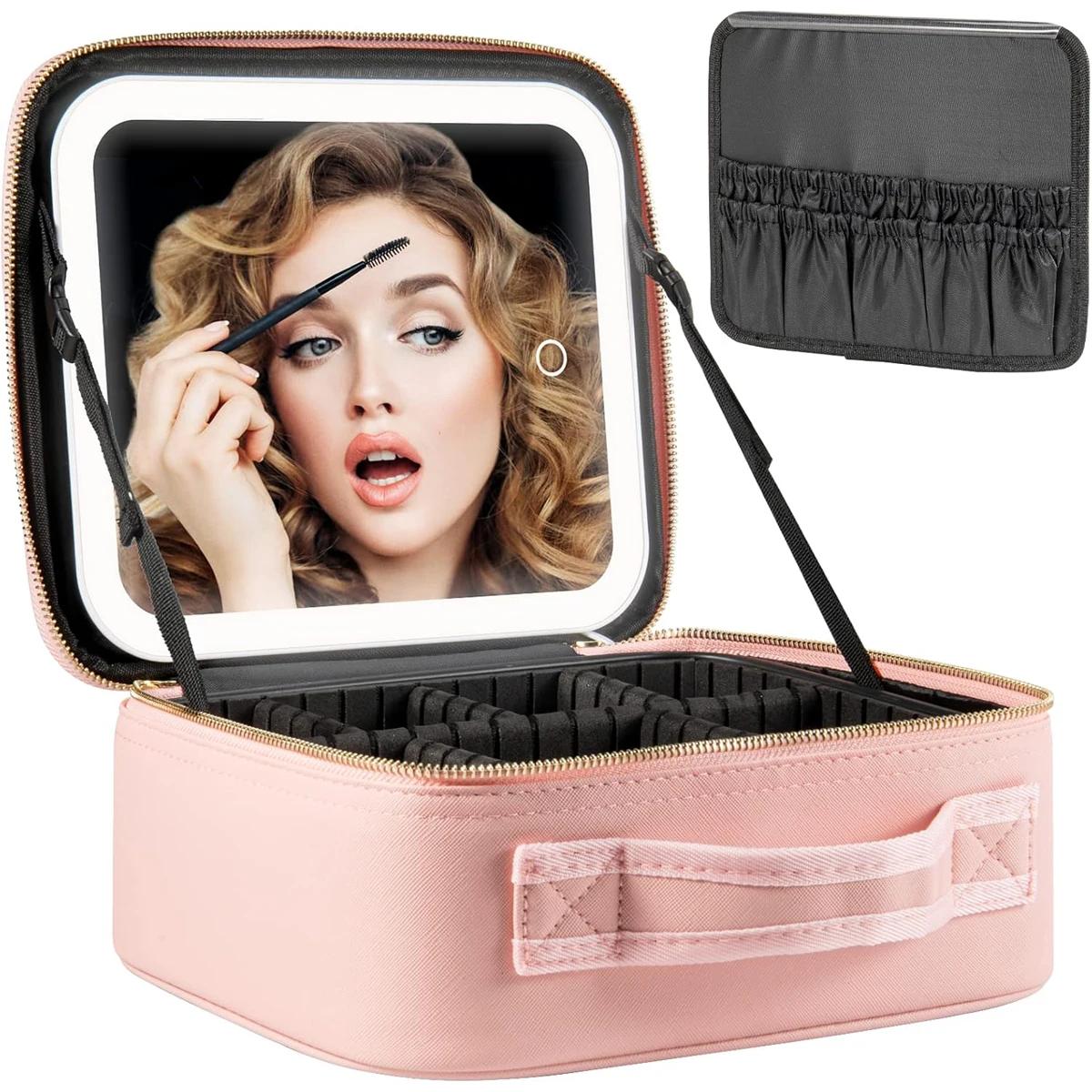 Trousse de maquillage avec miroir LED, grande mallette de voyage, organisateur de cosmétiques, sacs