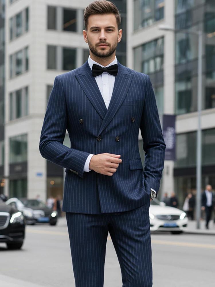 Costumes rayés bleus de haute qualité ST Cassy pour hommes, coupe ajustée, vêtements de luxe pour ho