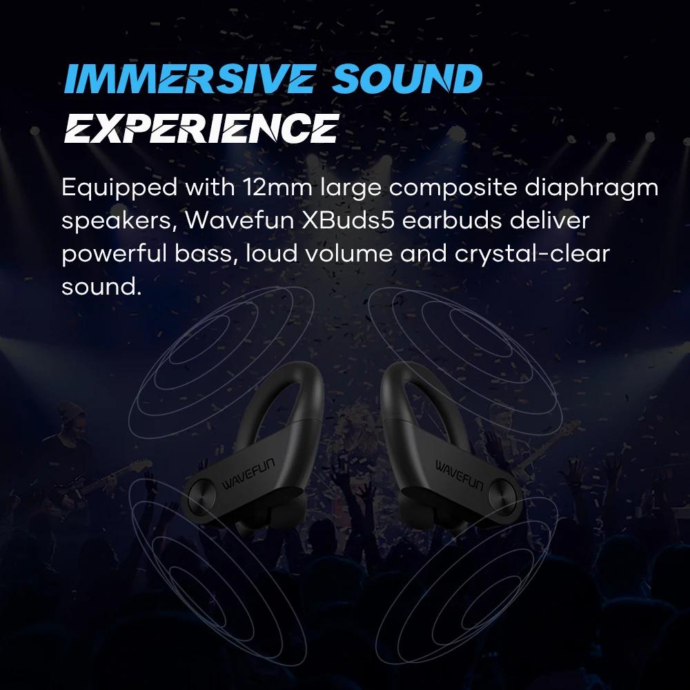 Wavefun-Écouteurs Bluetooth XBuds 5 avec crochet d'oreille et étui de charge, écouteurs étanches ave