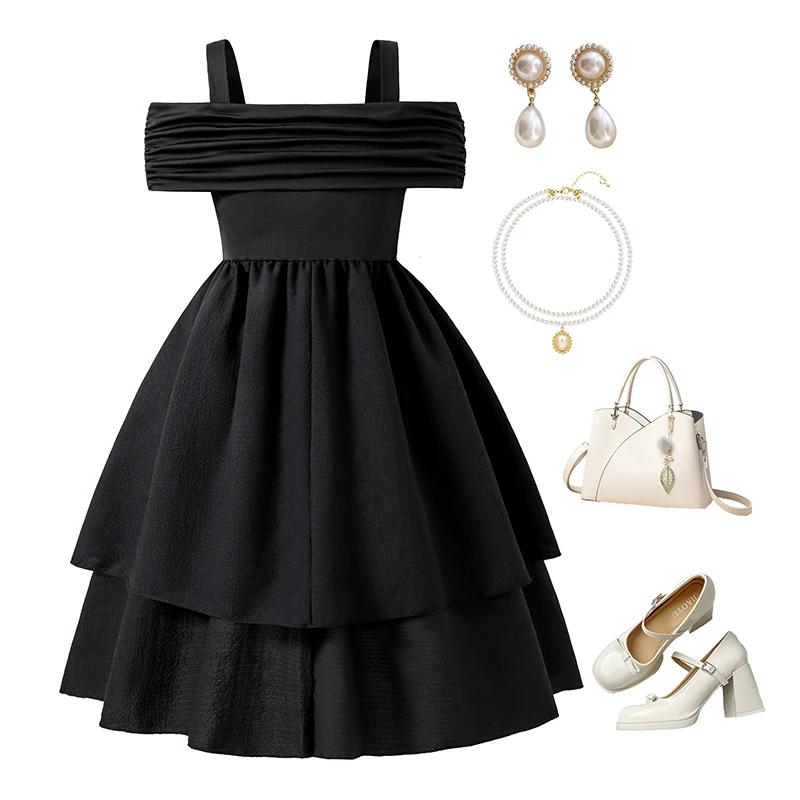 Robe d'été noire pour filles, couleur unie, écharpe, manches courtes, froncée, à plusieurs niveaux,