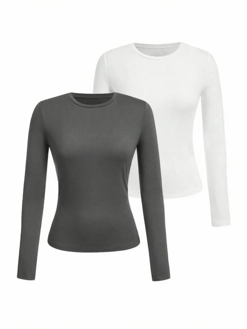 T-shirt femme manches longues couleur unie - Tissu tricoté polyester, col rond, coupe régulière, sty
