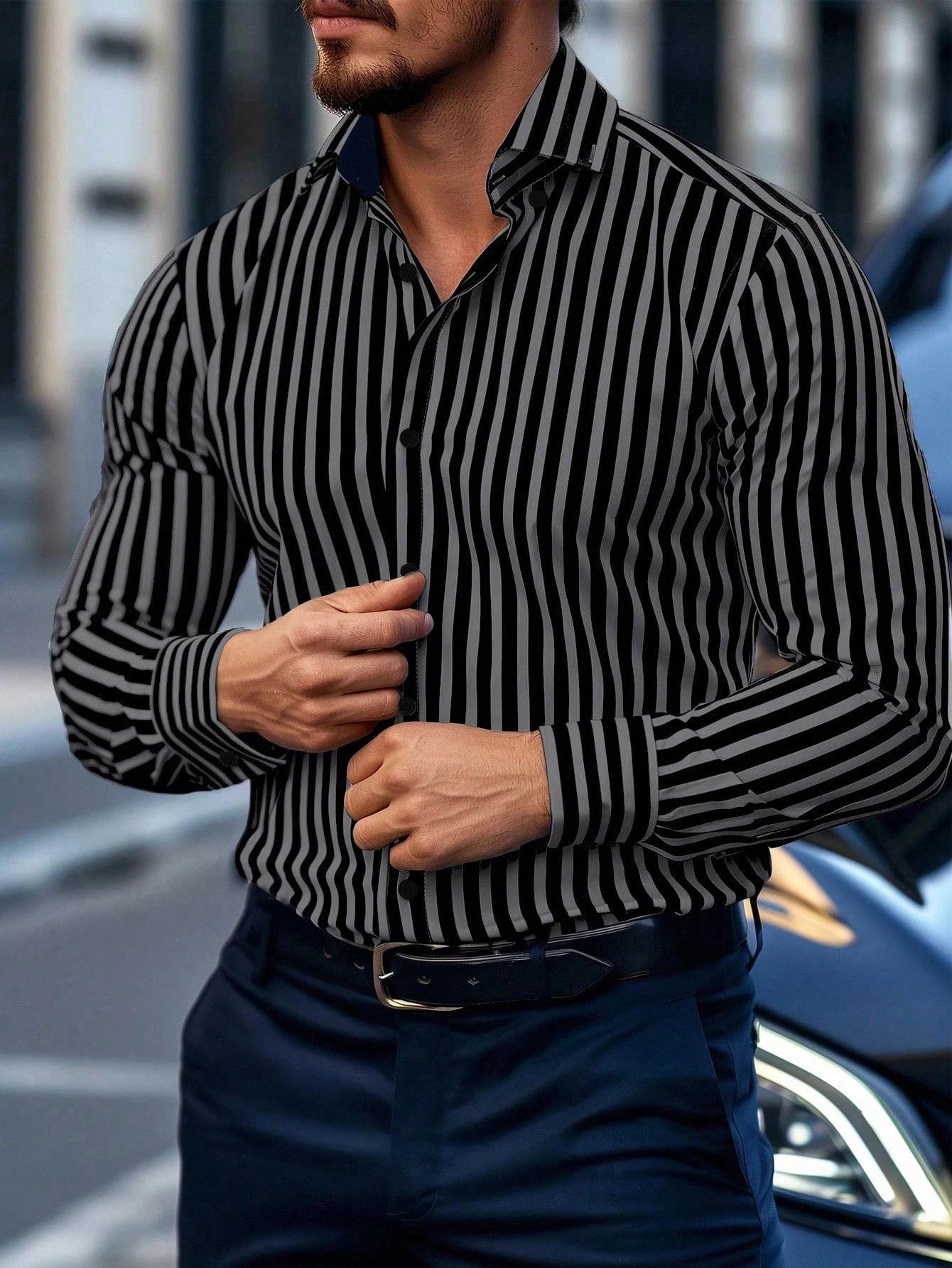  Chemise habillée rayée pour hommes, simple boutonnage, manches longues, tenue de bureau décontra