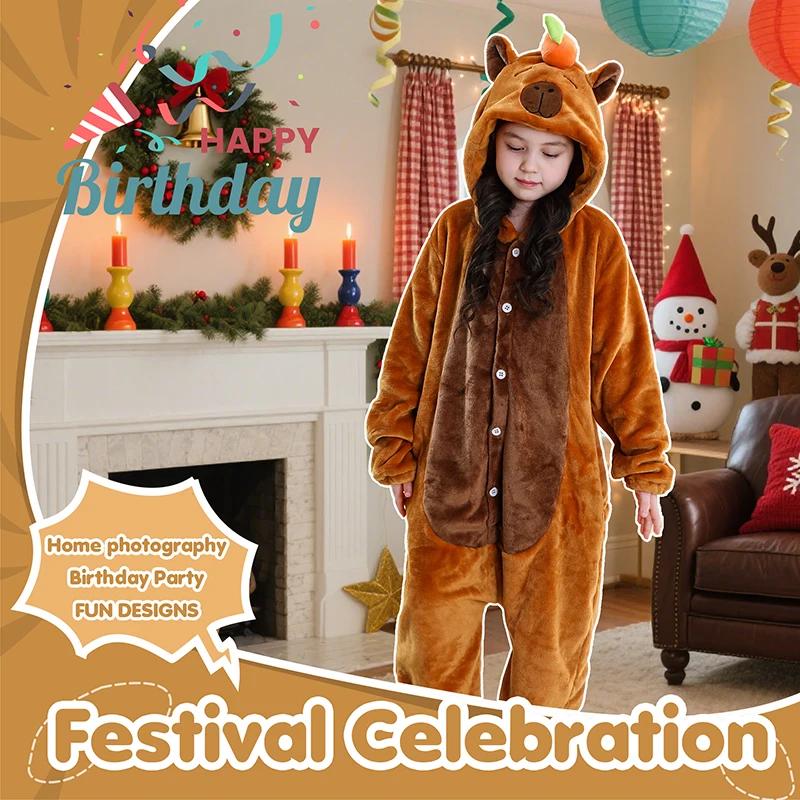 MICHLEY Carnaval Capybara Flannel Blanket Sleepers Onesie Hooded Children Costume Clothes Jumpsuit S