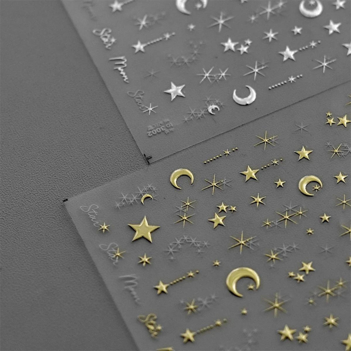 Autocollants pour ongles bronzants coréens 5D, 1 pièce, or japonais, argent, étoile, lune, luxe, déc
