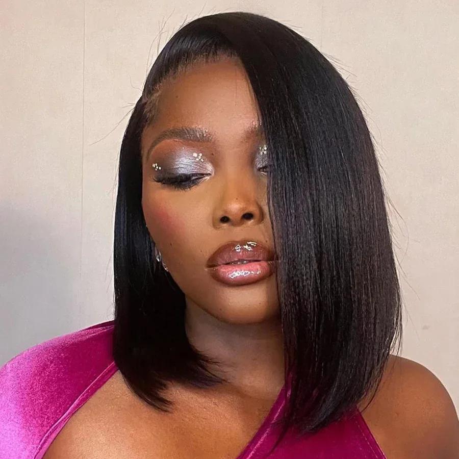 Perruque Bob Lace Wig Brésilienne Naturelle Sans Colle, Cheveux Lisses, Prêt à vitation, Partie Laté