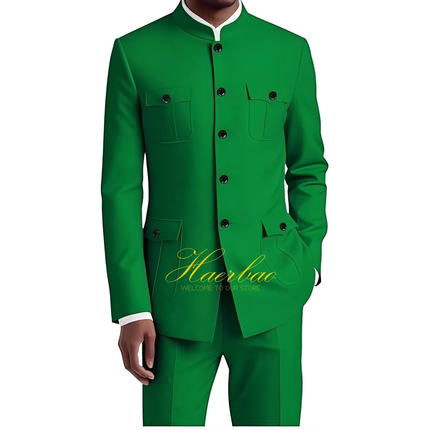 Costume chinois pour homme, ensemble formel 2 pièces, veste à col, coupe ajustée, blazer 4 poches, c