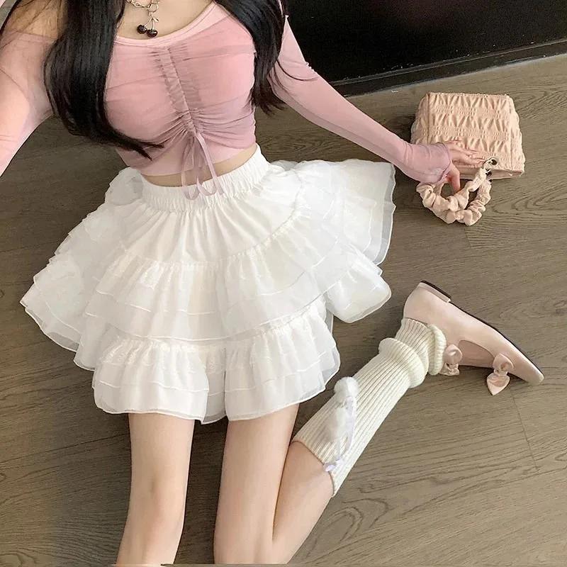 Nouveau dans les vêtements doux coréen décontracté été tendance blanc dentelle gâteau Mini jupe Ball
