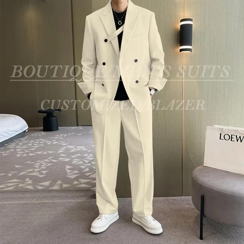 Costumes amples ivoire pour hommes, vêtements pour petit ami, veste et pantalon décontractés, ensemb