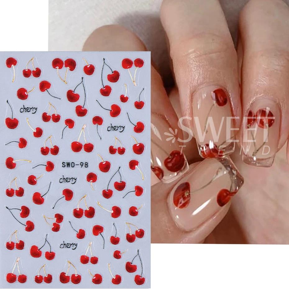 Autocollants pour ongles cerise rouge, 2 pièces, dessin animé fruits cerises tropicaux, Design d'été