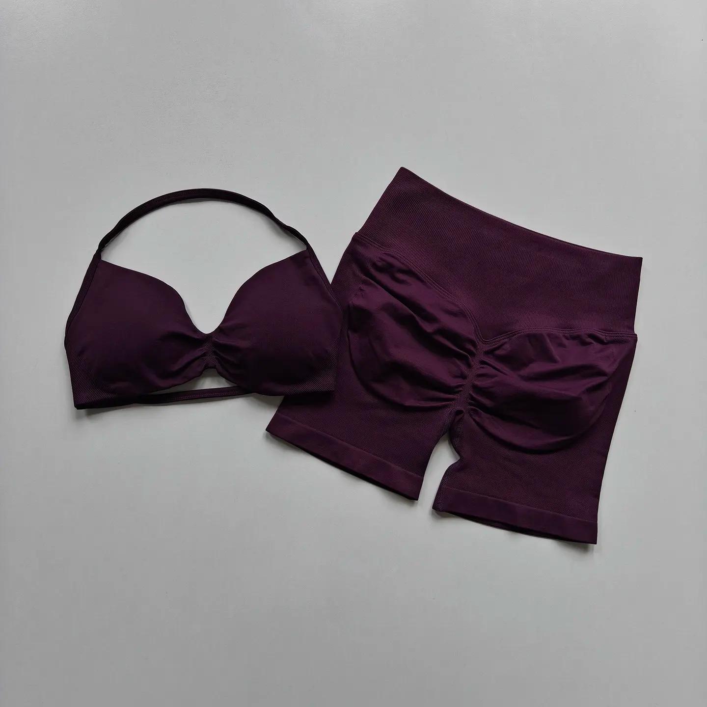 Ensemble de yoga deux pièces sans couture pour femme : soutien-gorge de sport push-up à col halter e