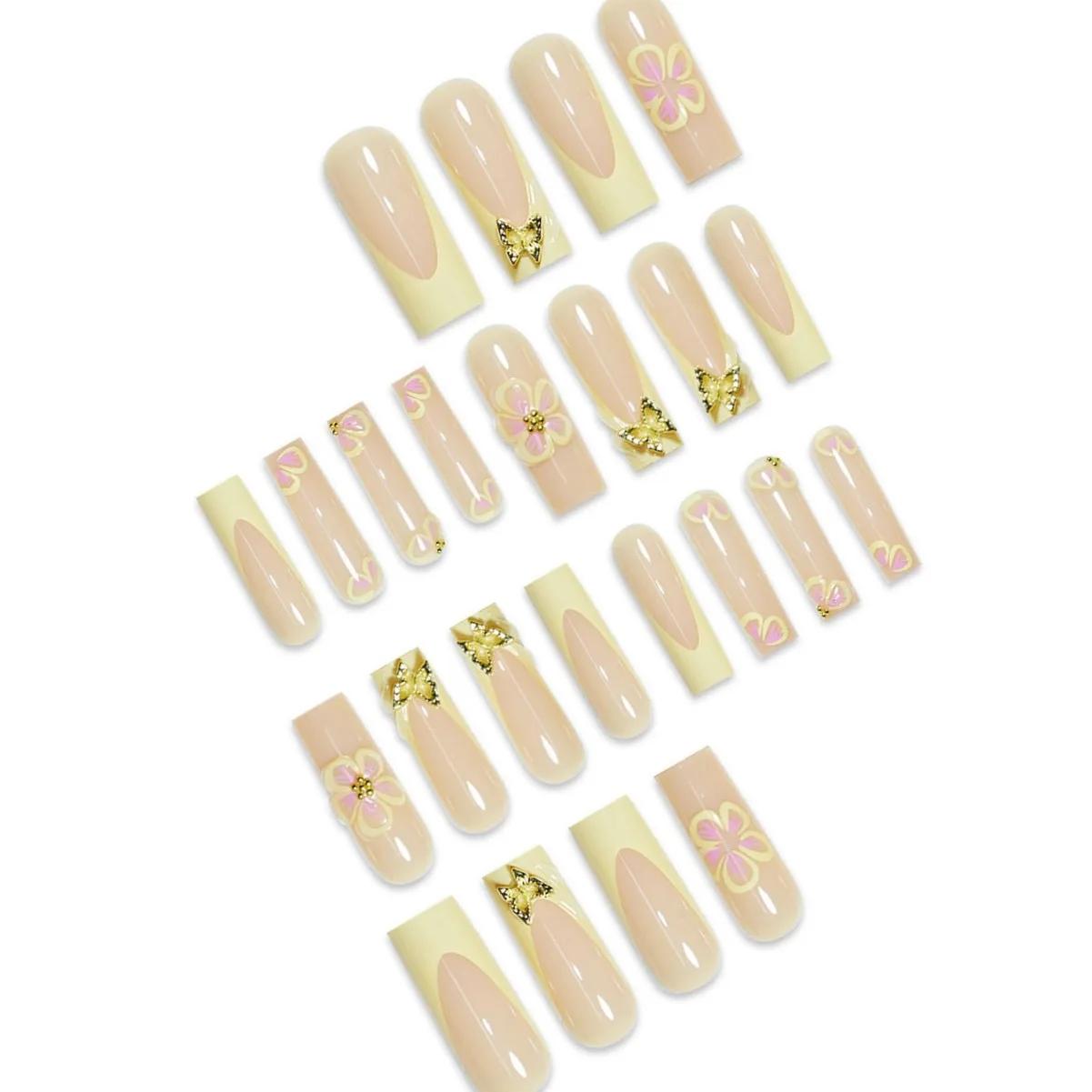 Faux ongles en forme de cercueil, longs et frais, jaune, Style français, fleur imprimée, motifs papi
