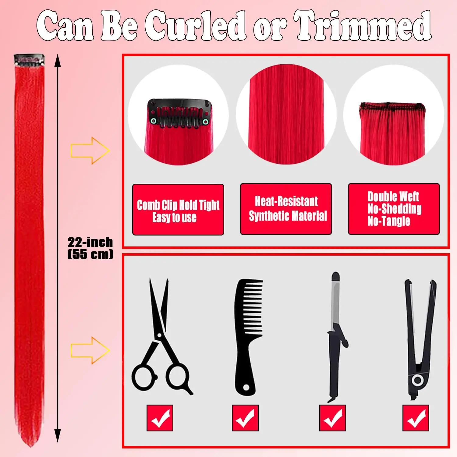 6/12 pièces Extensions de cheveux pince, 22 pouces Extensions de cheveux colorés reflets de fête pos