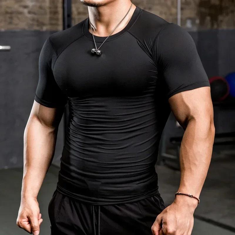T-shirt de Sport de musculation serré pour hommes, chemise de course à séchage rapide, haut de Compr
