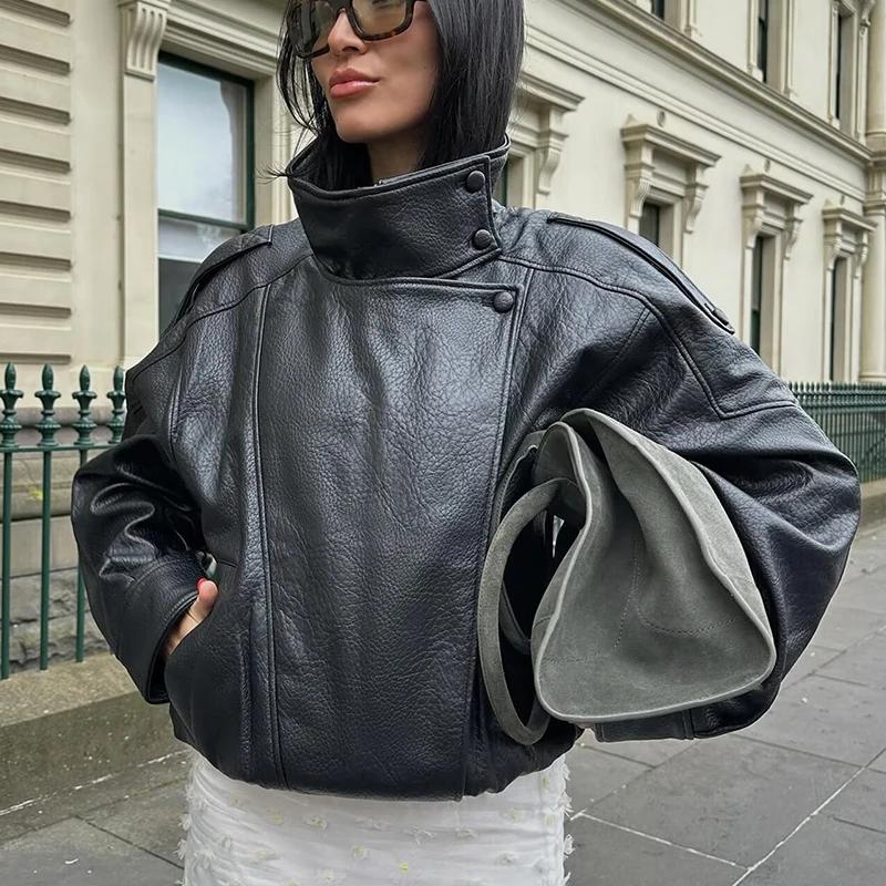 HXAO veste noire manteau femme veste en simili cuir vêtements d'extérieur Demi-saison Bomber Moto Bi