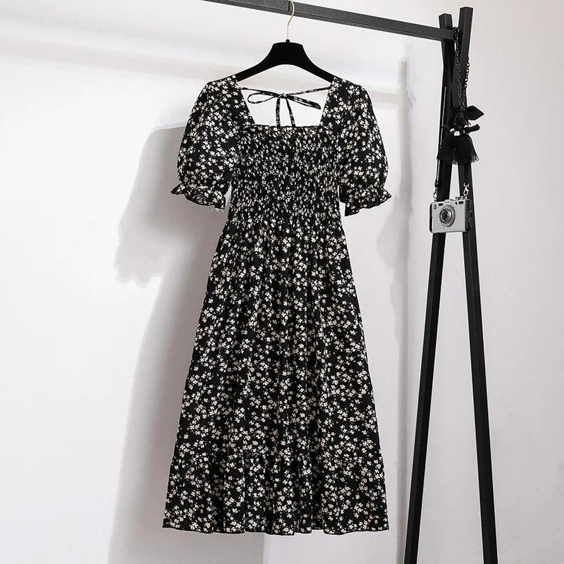 Printemps été robes en mousseline de soie mode femme taille élastique à manches courtes plissée tenu