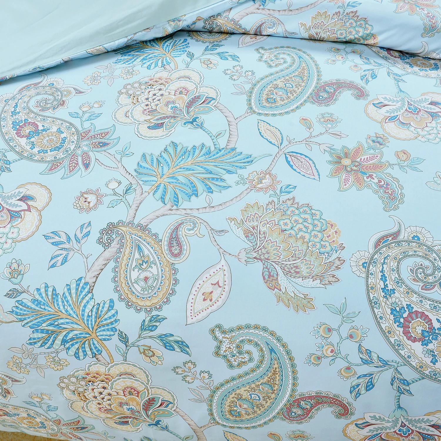 Ensemble de housses de sport en coton égyptien 600 TC 100%, sans noyau, motif floral de jardin bleu
