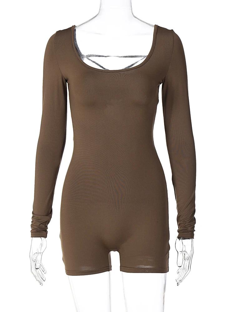 Hugcitar – combishort à manches longues, dos nu, couleur unie, à lacets, Sexy, Slim, mode femme, Str
