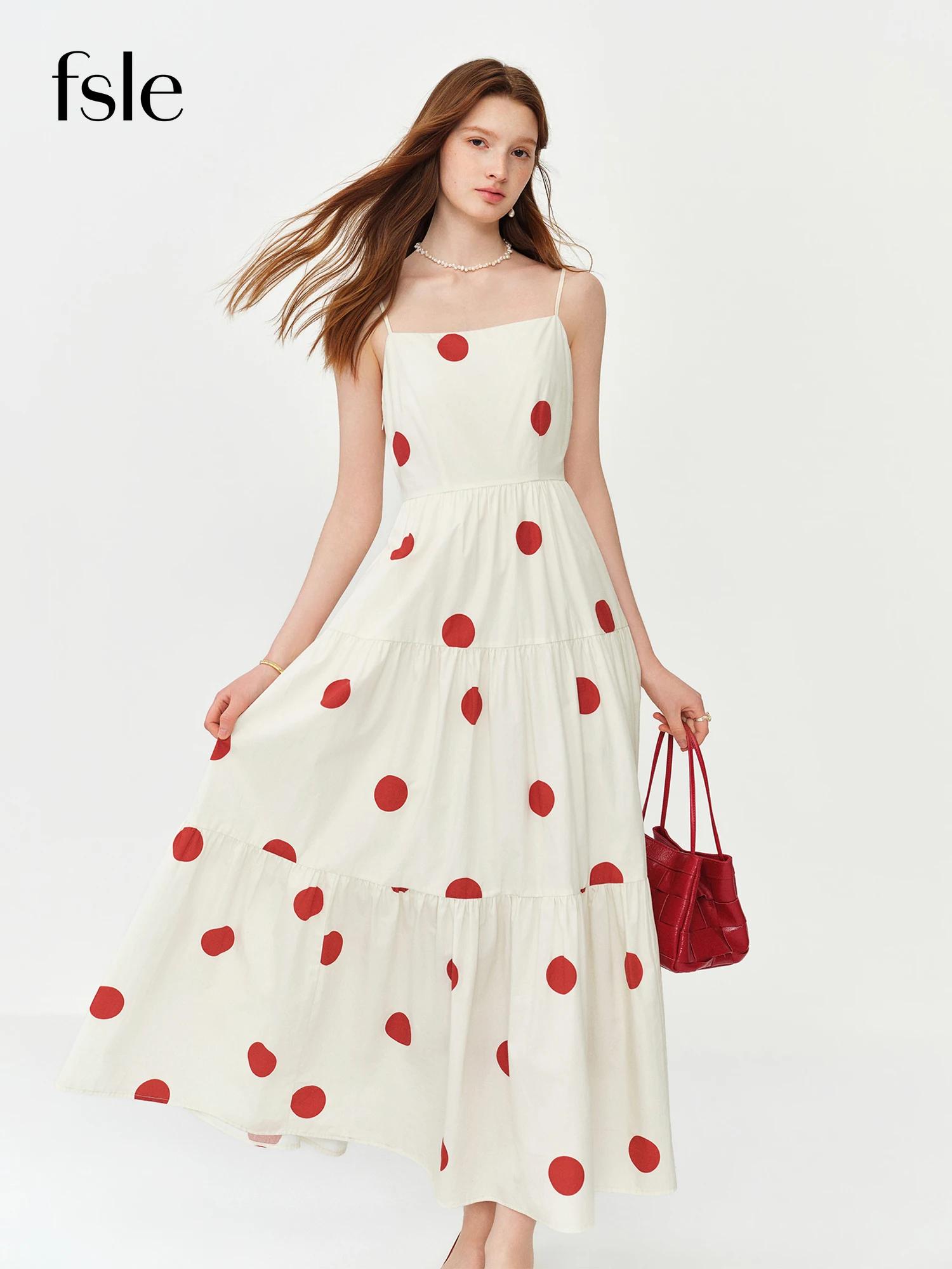 Robe longue FSLE style resort à pois rouges, col carré, bretelles ajustables, pour l'été 2026, nouve