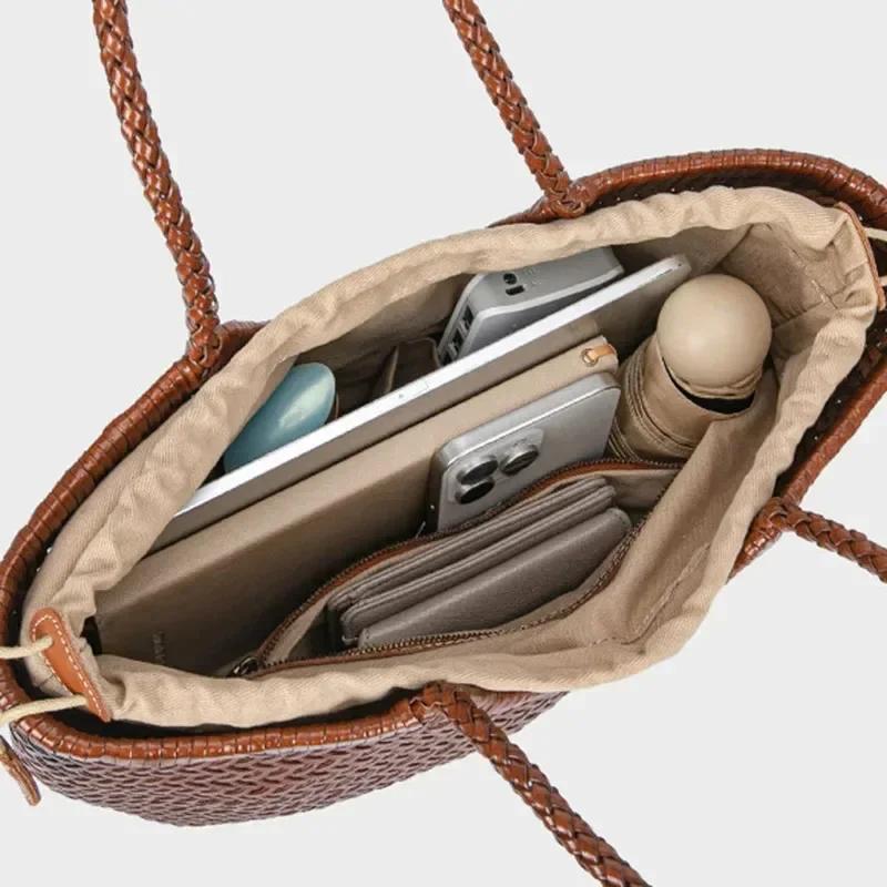 Sac fourre-tout tissé à la main de marque, grand panier à légumes en cuir véritable français avec po