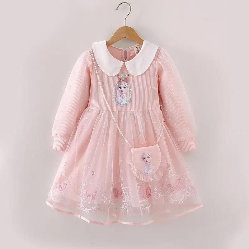 Robe de princesse Disney Elsa pour petites filles, tenue de soirée à manches longues pour enfants de