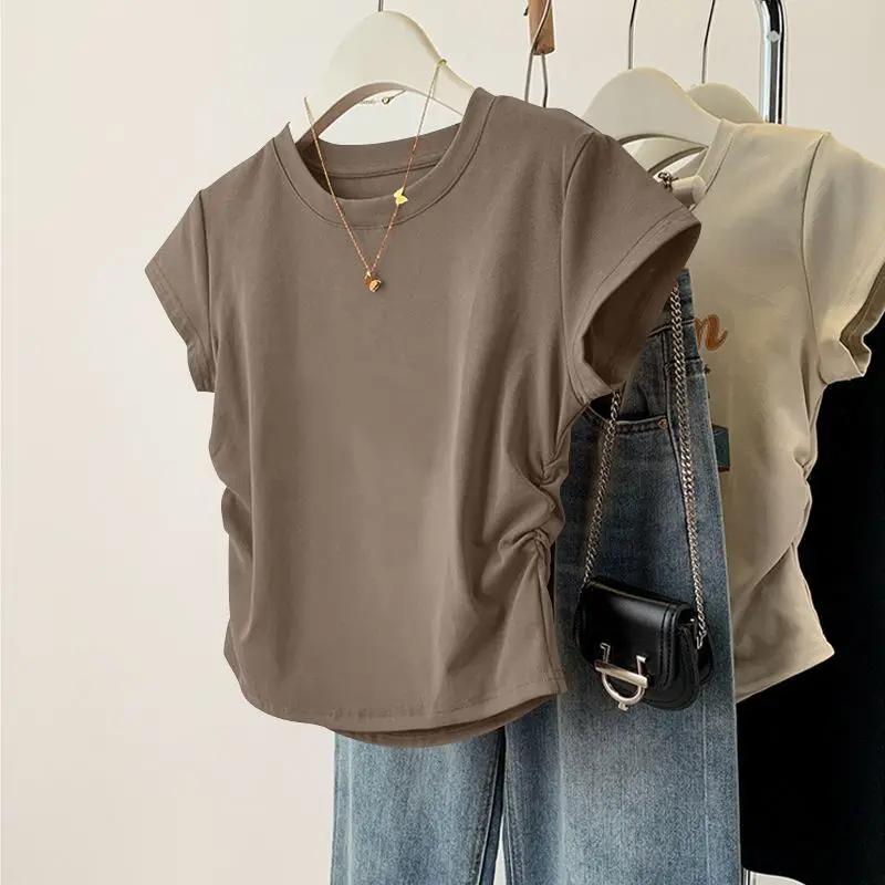 Haut d'été à manches courtes pour femmes, chemise de Base polyvalente, coupe cintrée, col rond, déco