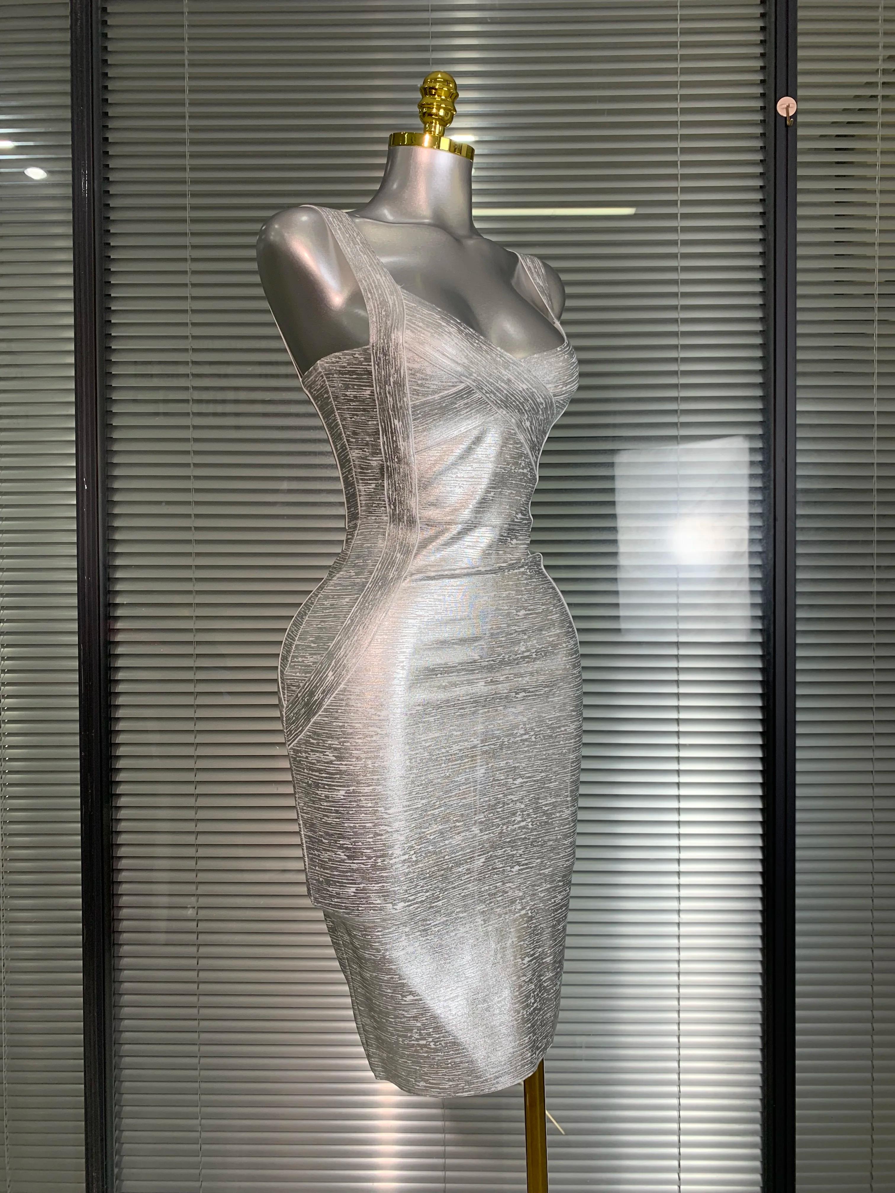 Robe à bandes moulante pour femmes, flambant neuf, Sexy, bronzante, argent, célébrité, mode, rue, ro