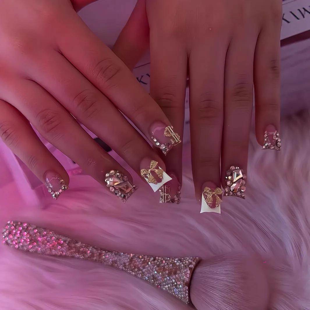 Faux ongles en bec de canard détachables, imprimé léopard Y2k, rose, court, à pression, fleur, couve