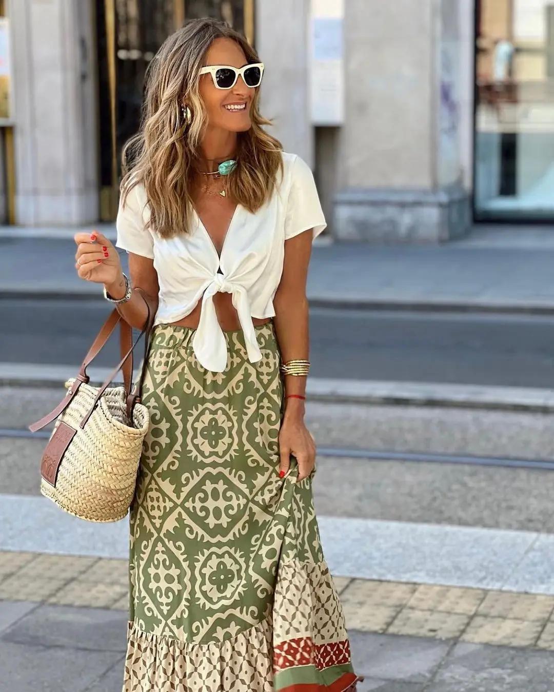 Jupe évasée imprimée à taille élastique pour femme, jupe midi bohème à empiècements, idéale pour la