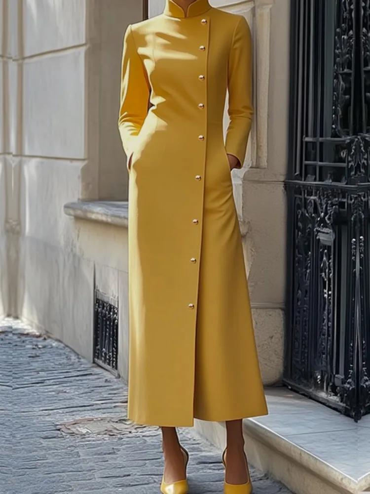 Robe longue boutonnée diagonale à col mandarin jaune pour femme Freeacy, idéale pour les invitées de