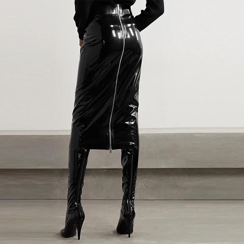 Jupe Misi en Faux Latex pour femmes, taille haute, en cuir verni brillant, crayon, fermeture éclair,