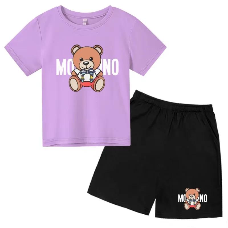 T-shirt d'été à col rond pour enfants, ensemble deux pièces avec imprimé ours Kawaii pour filles et