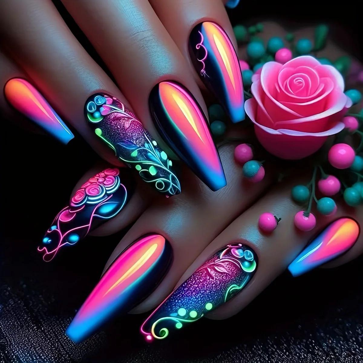 24 pièces/ensemble faux ongles mi-longs pour femmes filles Y2K dégradé violet bleu jaune vert carré