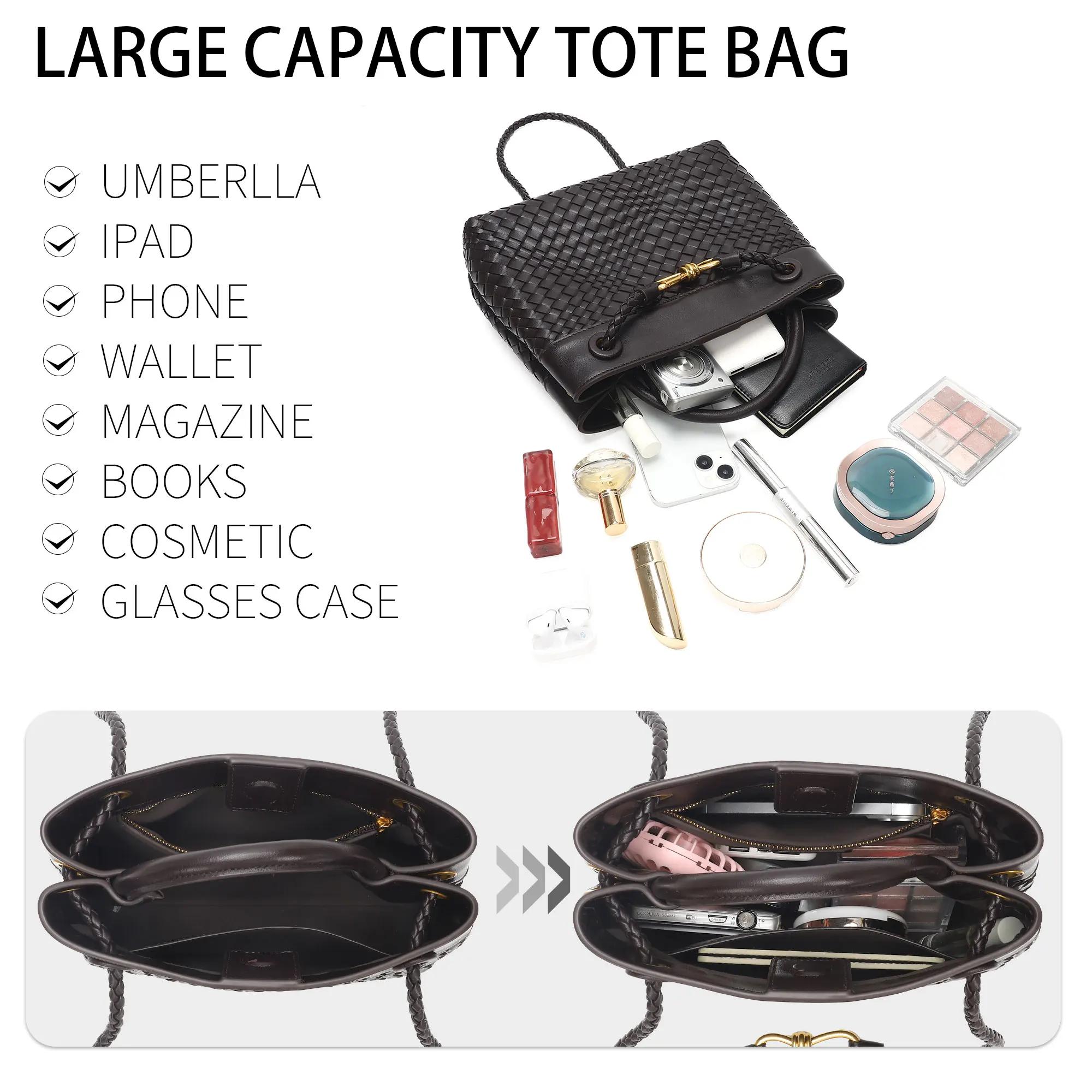 Sac fourre-tout tissé pour femmes, sac à main à bandoulière en cuir végétalien, sacs à main à poigné