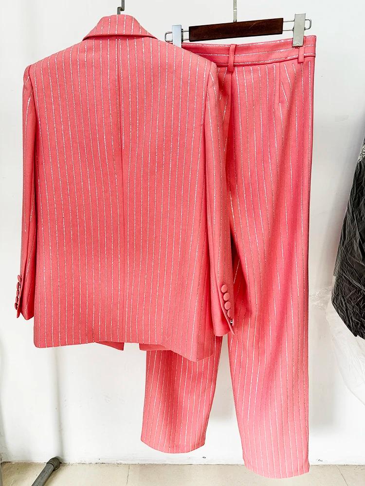 Ensemble de costume de créateur HIGH STREET, nouveauté 2026, pour femme, blazer à un bouton, rayures