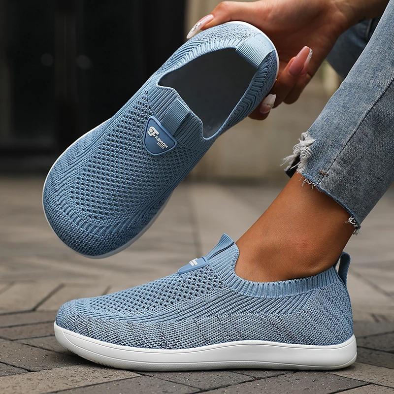 Chaussures à bout large pour femmes, baskets de marche respirantes en maille tricotée, semelle soupl