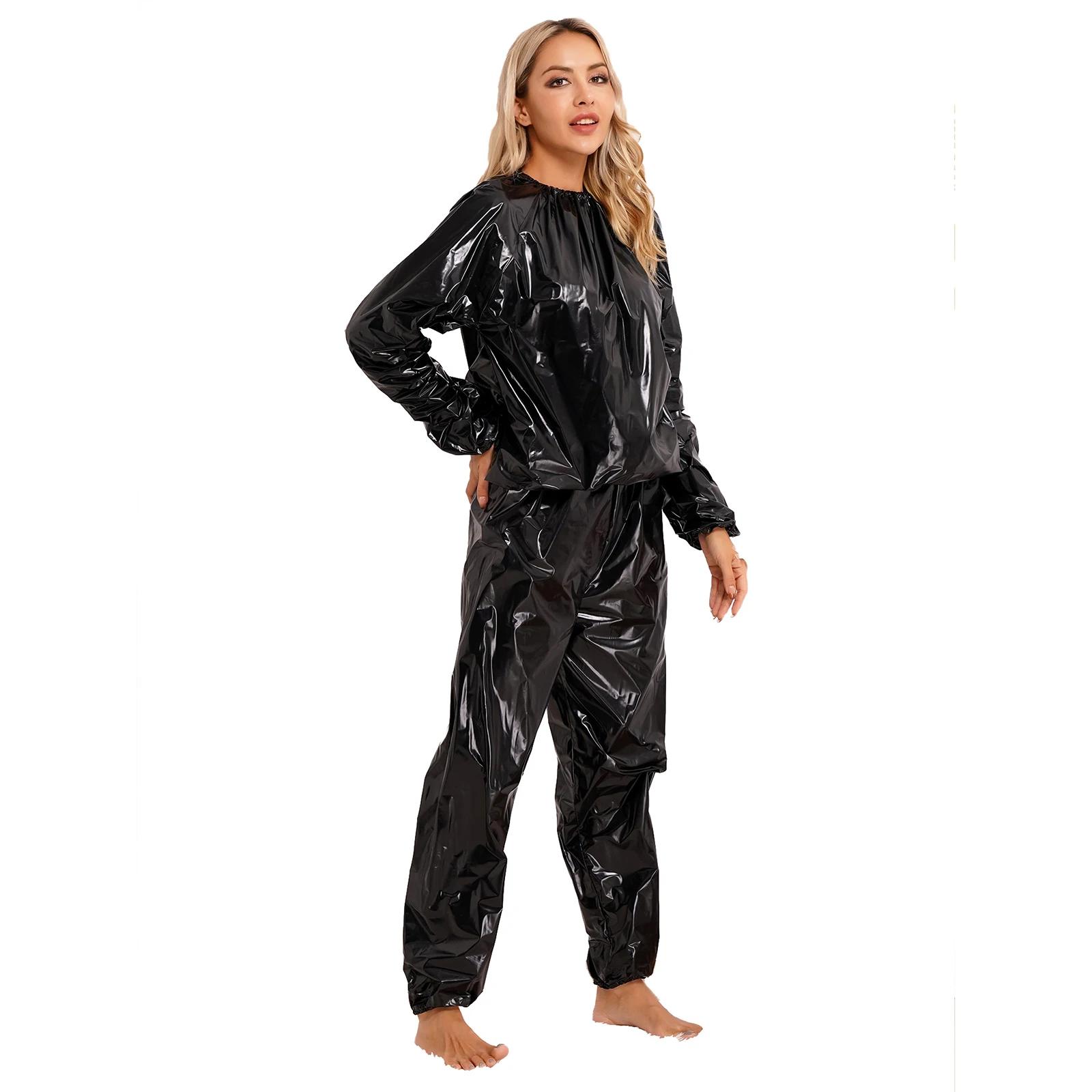 Combinaison de Sauna en PVC pour femmes, 2 pièces, manches longues, manchette élastique, haut et pan