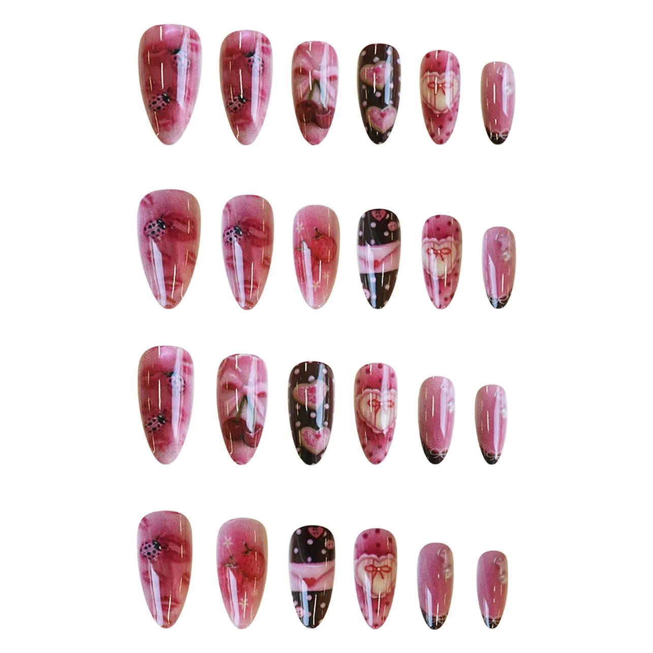 24 pièces lettre douce presse sur ongles mignon cerise nœuds papillon coccinelle fraise décor faux o