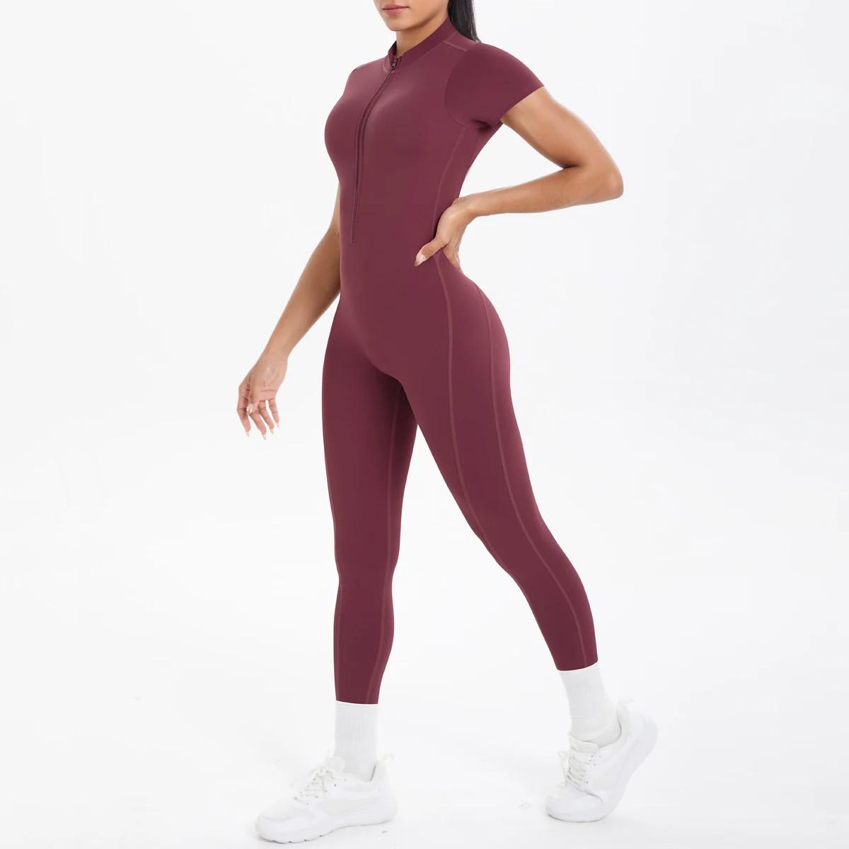 Combinaison de Fitness à manches courtes pour femmes, body dos nu, couleur unie, froissé, une pièce,