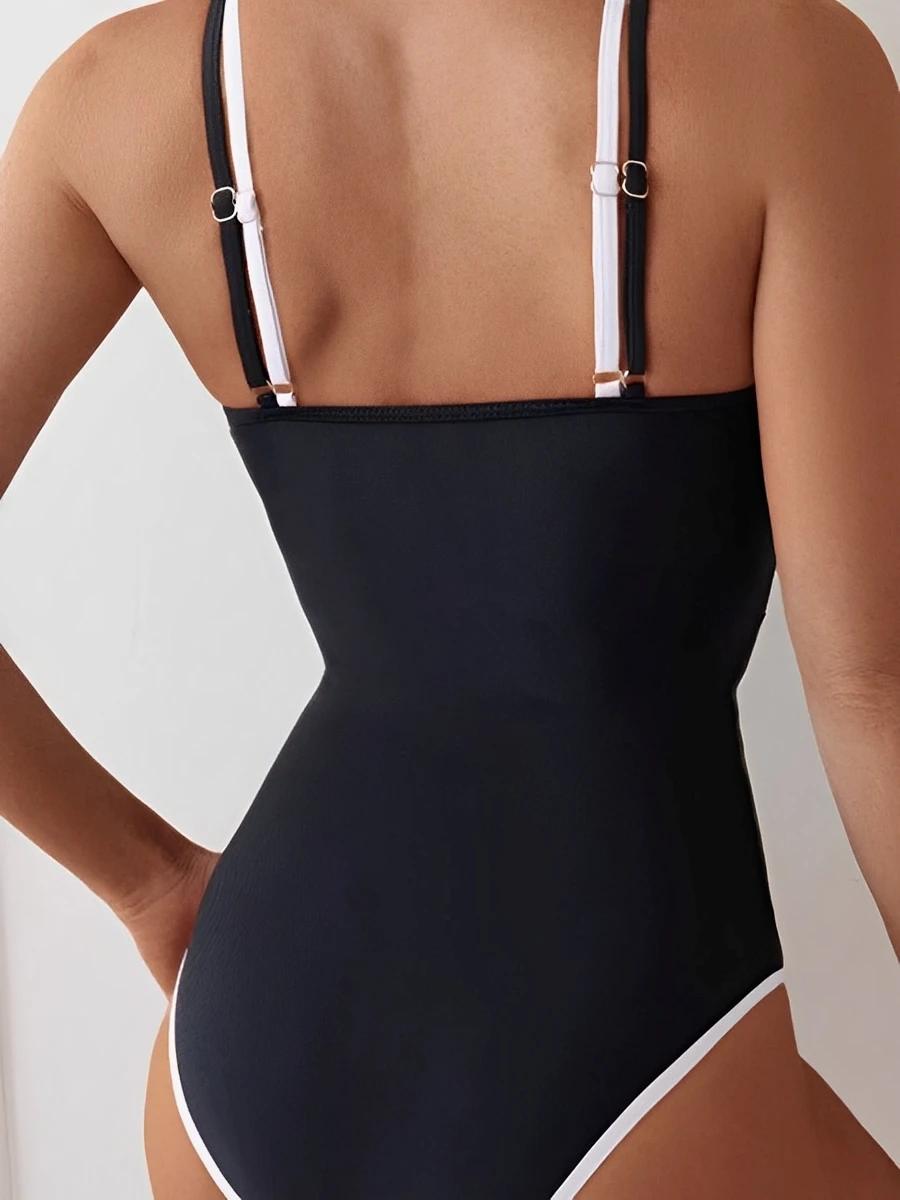 Maillot de bain une pièce sexy à bretelles 2026 noir uni pour femme – Tenue de plage