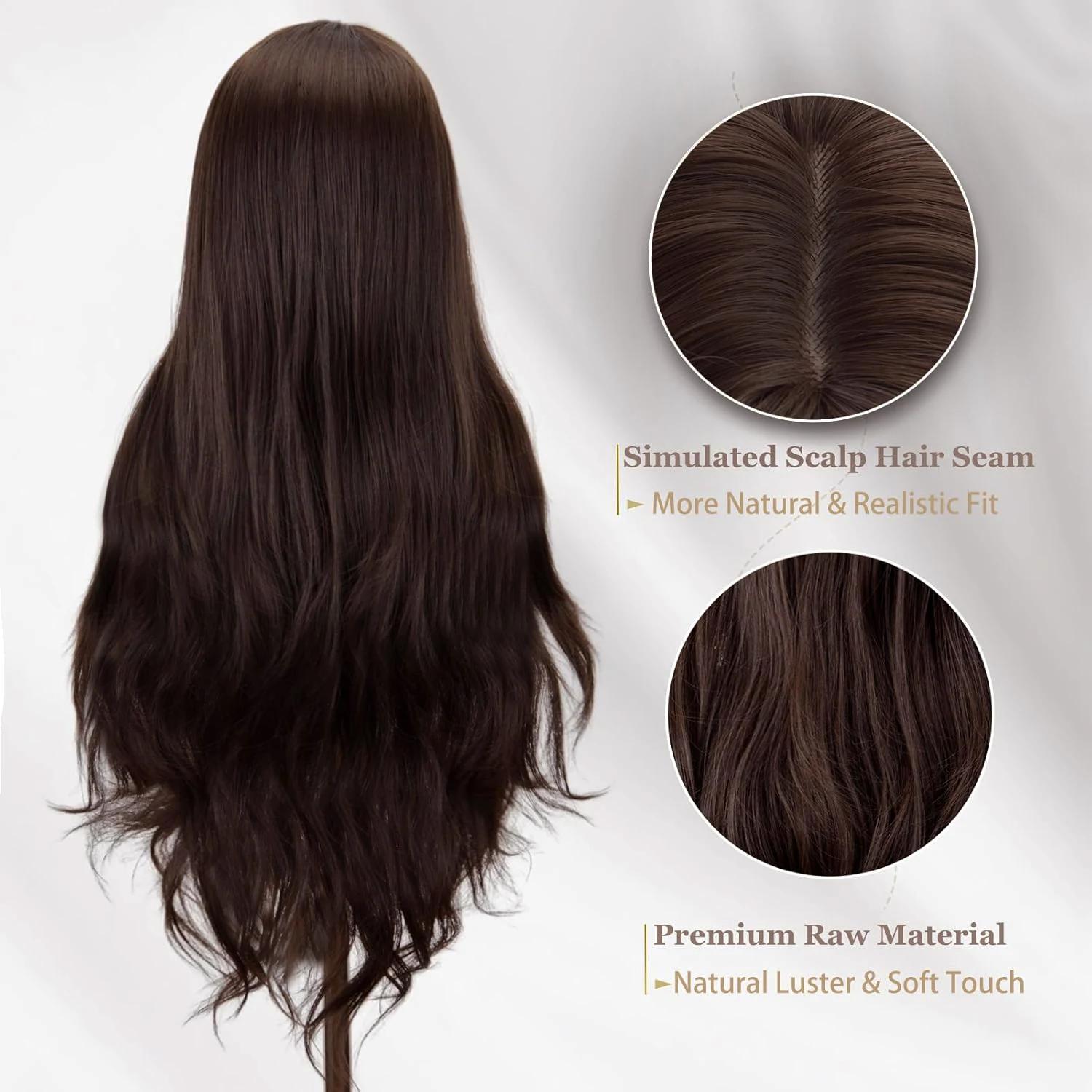 Perruque synthétique avec raie centrale sans frange, brun foncé, usage quotidien, cheveux naturels,