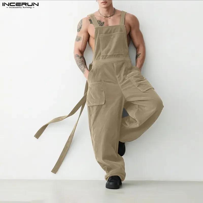 INCERUN Combinaisons pour hommes, couleur unie, style jogger, en velours côtelé, amples, décontracté