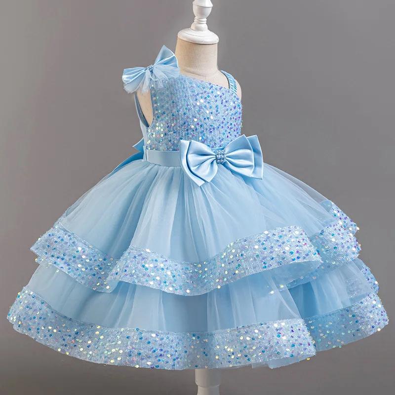 Robe de princesse en maille pour filles, avec nœud à paillettes, col irrégulier, pour fête d'anniver