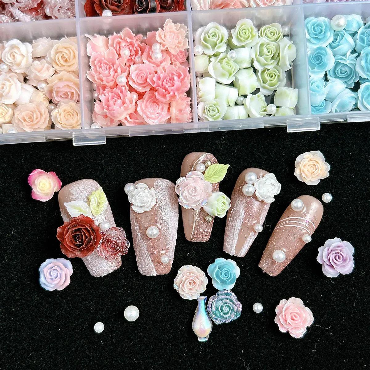 Breloques pour ongles en résine mixte 3D, 12 grilles, fleur de Rose, strass à dos plat, bricolage, d
