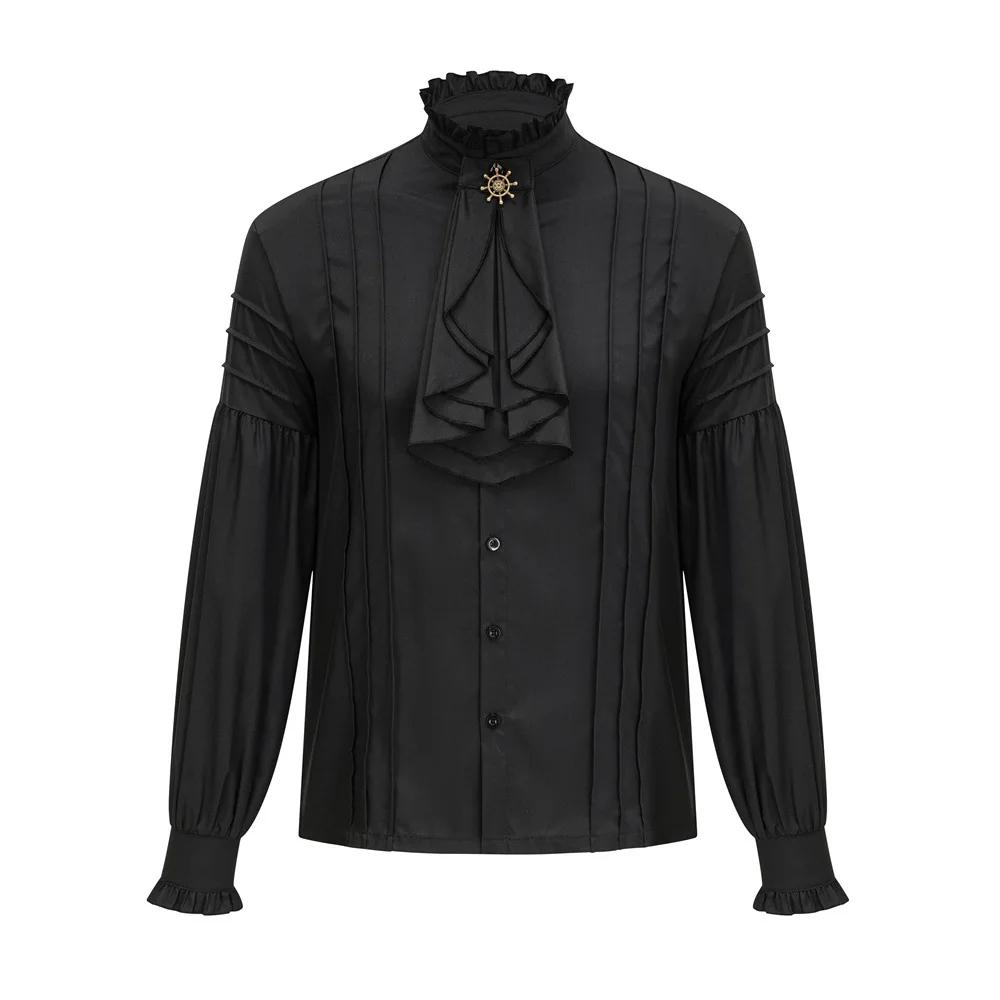 Chemise en coton blanc pour homme, col montant à volants, manches longues lanterne, Pirate Cosplay,